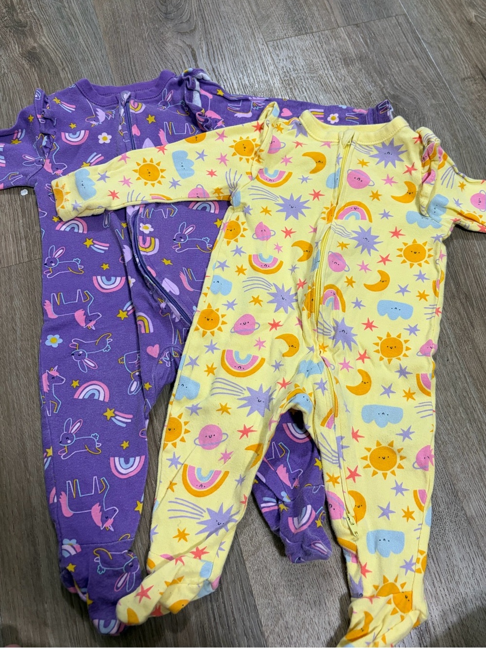 Baby One-Piece Pajamas in Yellow and Purple - Cute Rainbow & Sun Print